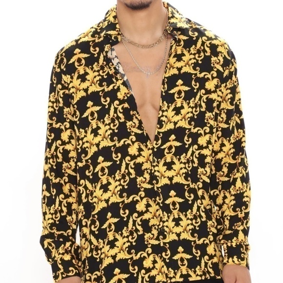 Gold leaf longsleeve, woven men’s top, black and yellow - Picture 4 of 7